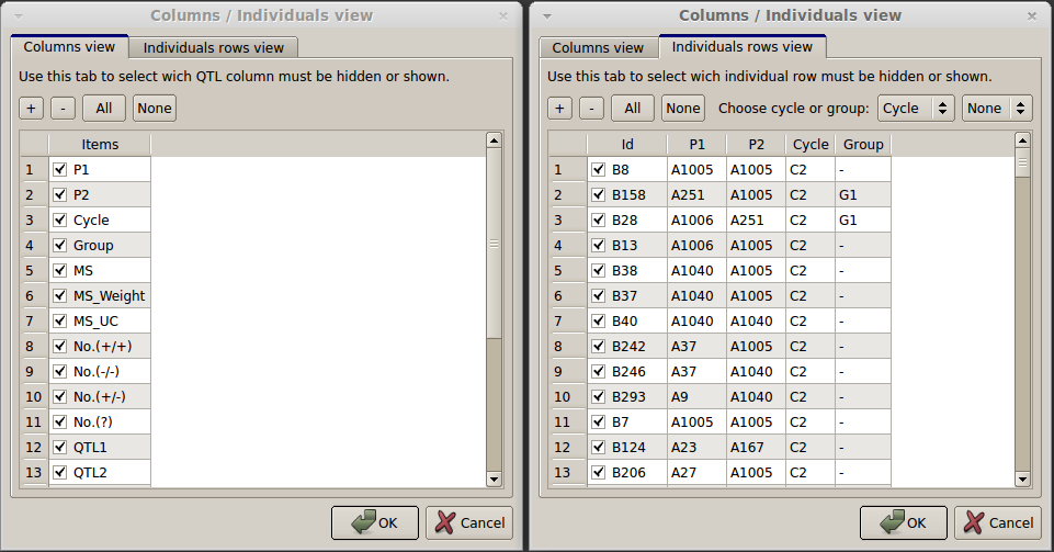 Figure 14: Columns and Individuals rows filter dialog